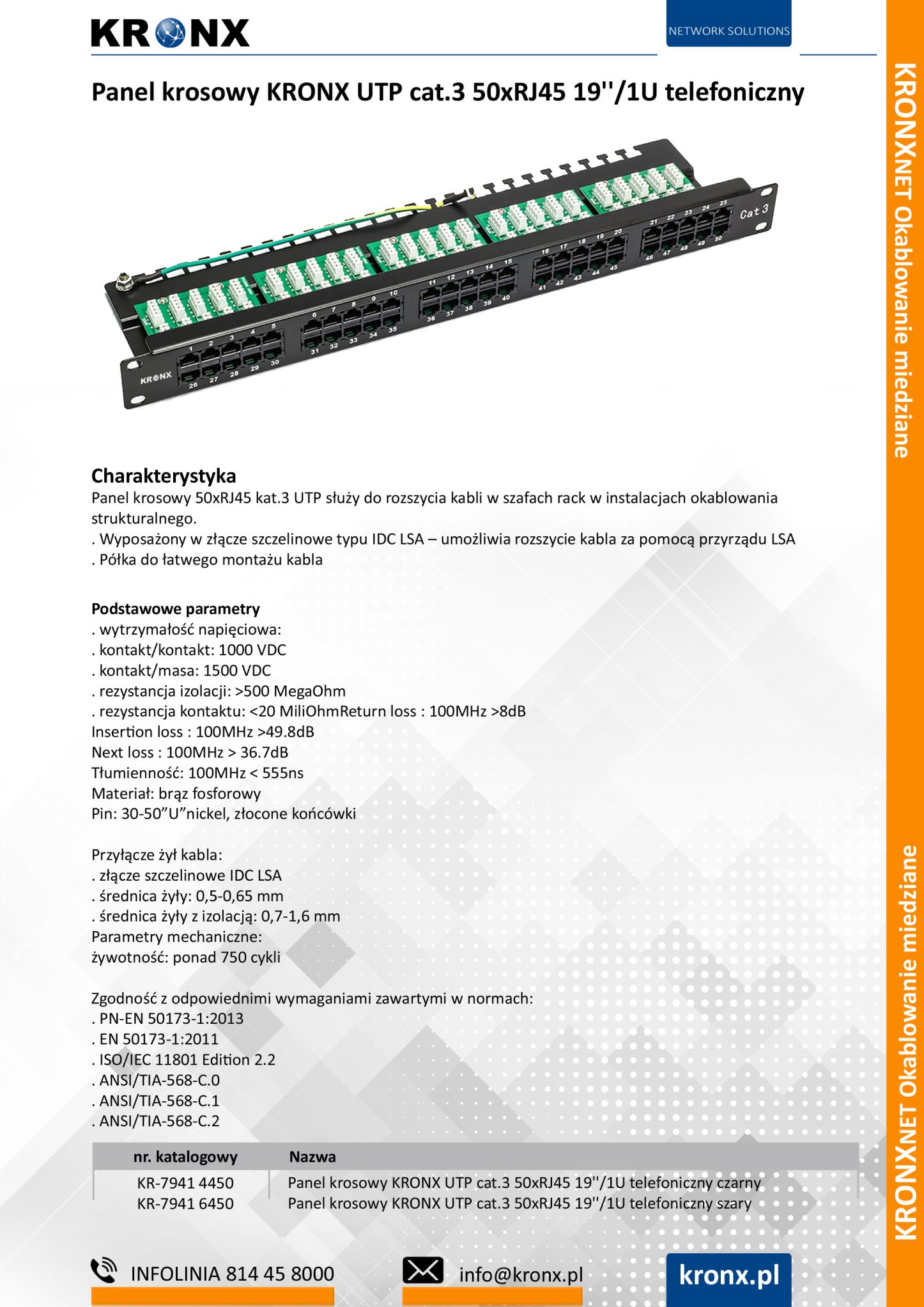 Panel krosowy KRONX UTP cat.3 50xRJ45 191U telefoniczny min