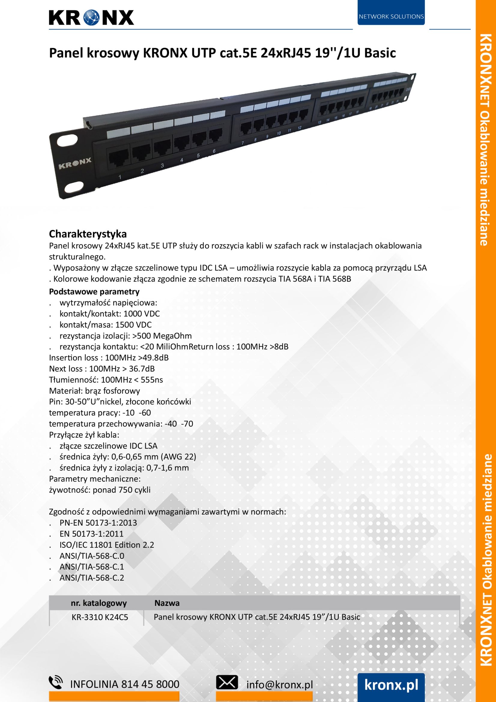 Panel krosowy KRONX UTP cat.5E 24xRJ45 191U Basic